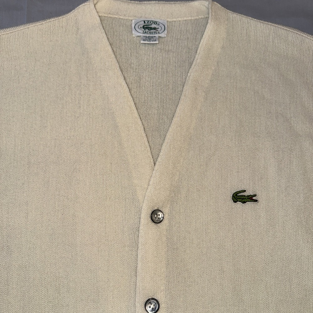 Vintage Izod Lacoste Sweater Mens Size Large Ivory Cardigan Made USA Preppy Dad